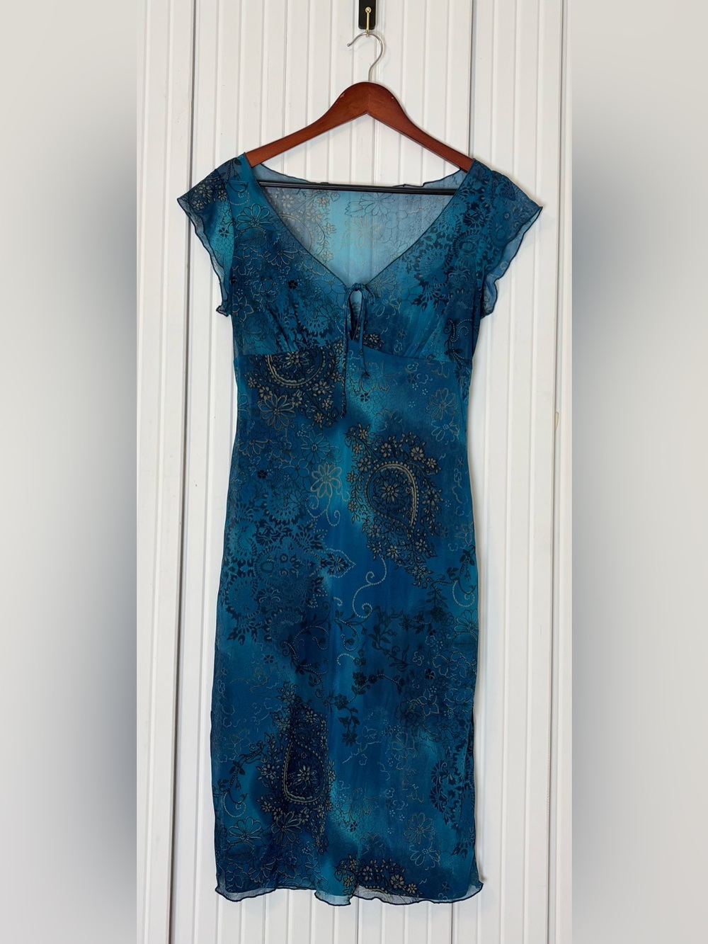 VTG Y2K Rampage Babydoll Dress L Blue Flutter Sleeve Whimsical Fairy Paisley